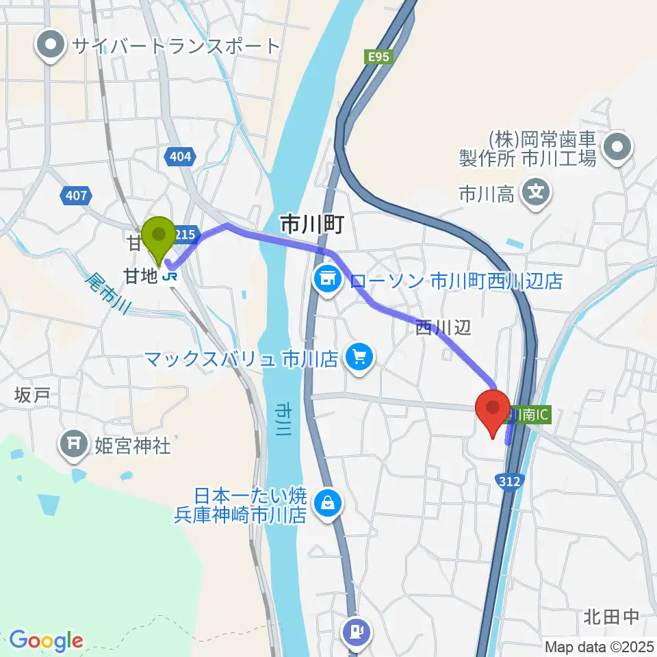 市川町文化センターひまわりホールの最寄駅甘地駅からの徒歩ルート（約18分）地図