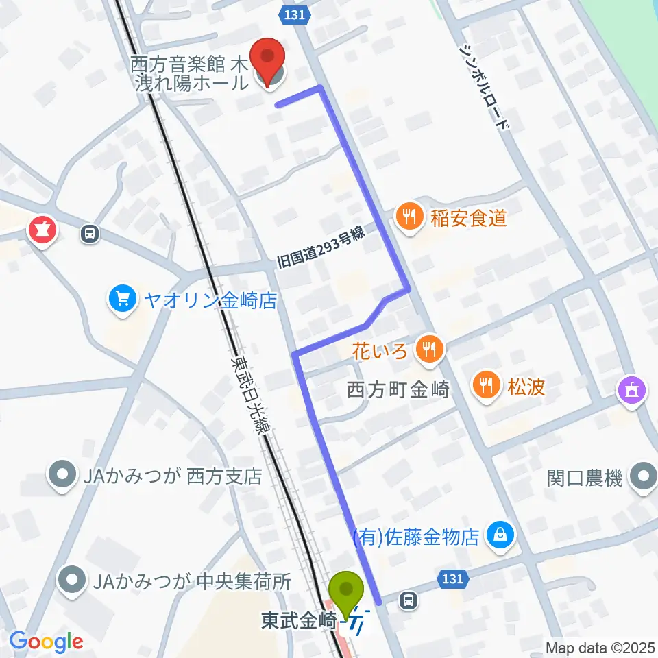 西方音楽館の最寄駅東武金崎駅からの徒歩ルート（約6分）地図
