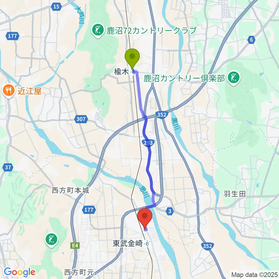 楡木駅から西方音楽館へのルートマップ地図