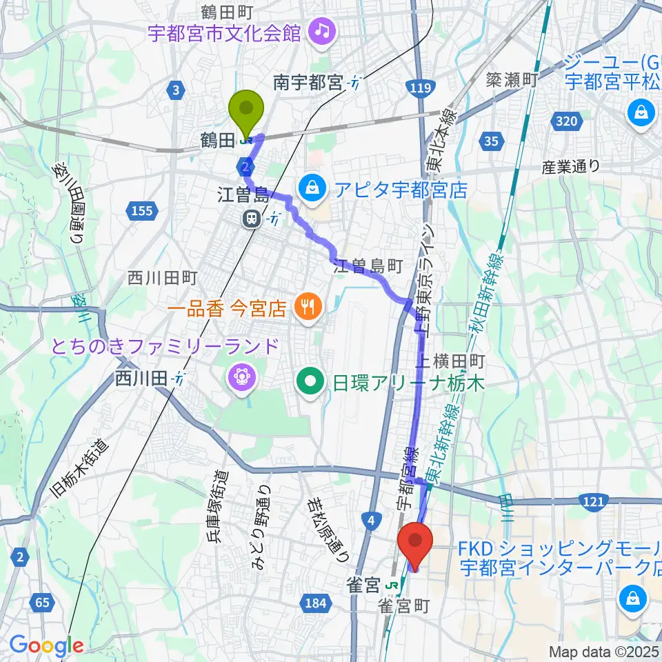 鶴田駅から宇都宮市立南図書館サザンクロスホールへのルートマップ地図