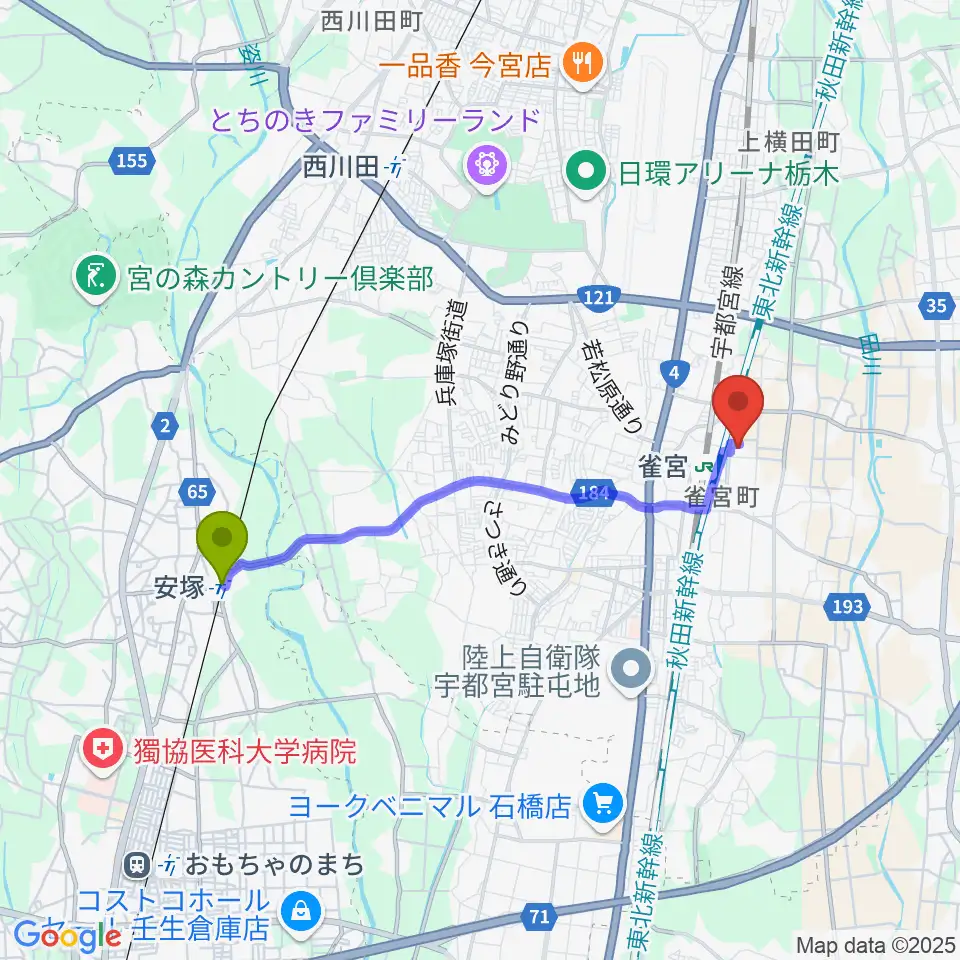 安塚駅から宇都宮市立南図書館サザンクロスホールへのルートマップ地図