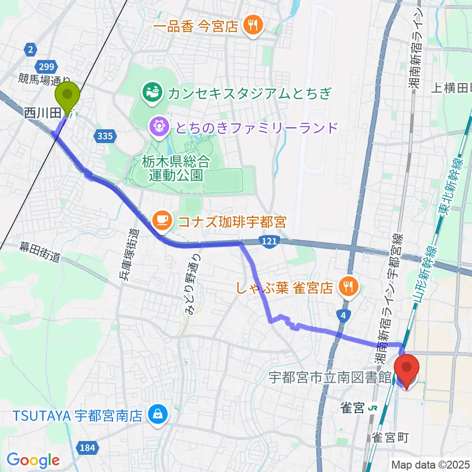 西川田駅から宇都宮市立南図書館サザンクロスホールへのルートマップ地図