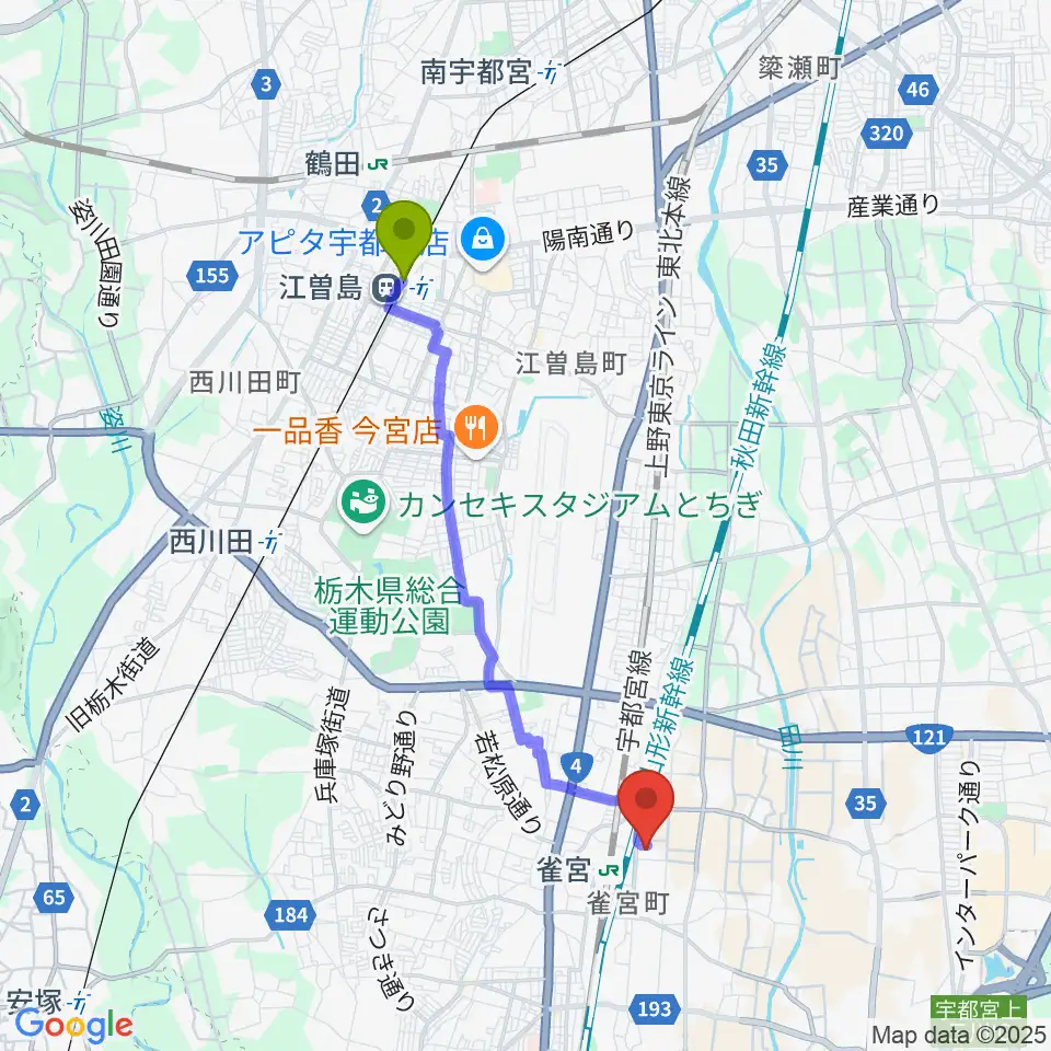 江曽島駅から宇都宮市立南図書館サザンクロスホールへのルートマップ地図