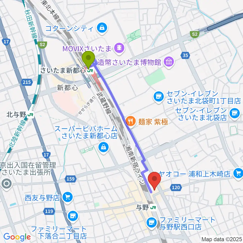 さいたま新都心駅からGalleryシャインEASTへのルートマップ地図