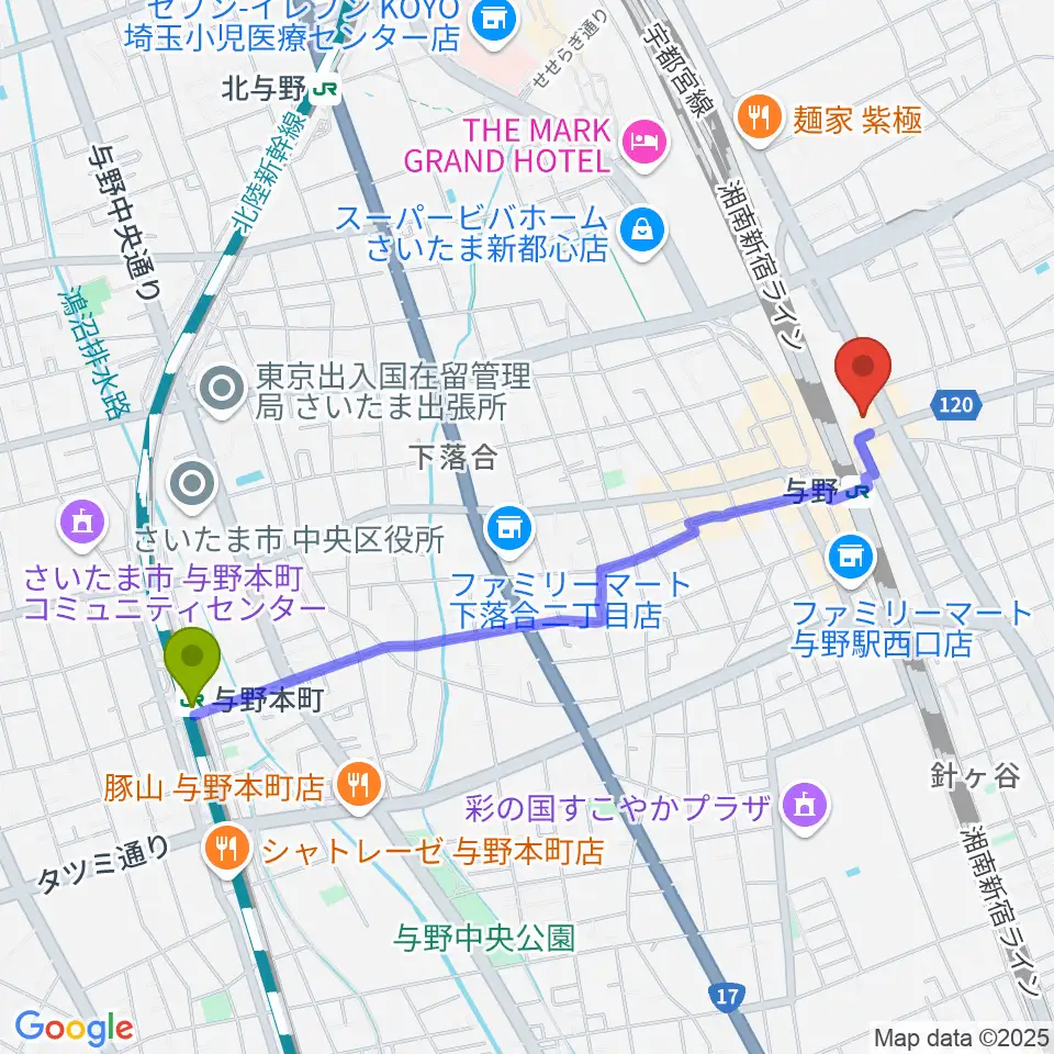 与野本町駅からGalleryシャインEASTへのルートマップ地図