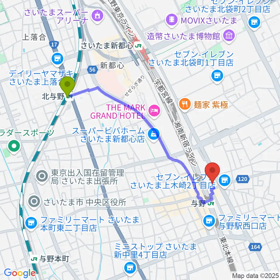 北与野駅からGalleryシャインEASTへのルートマップ地図