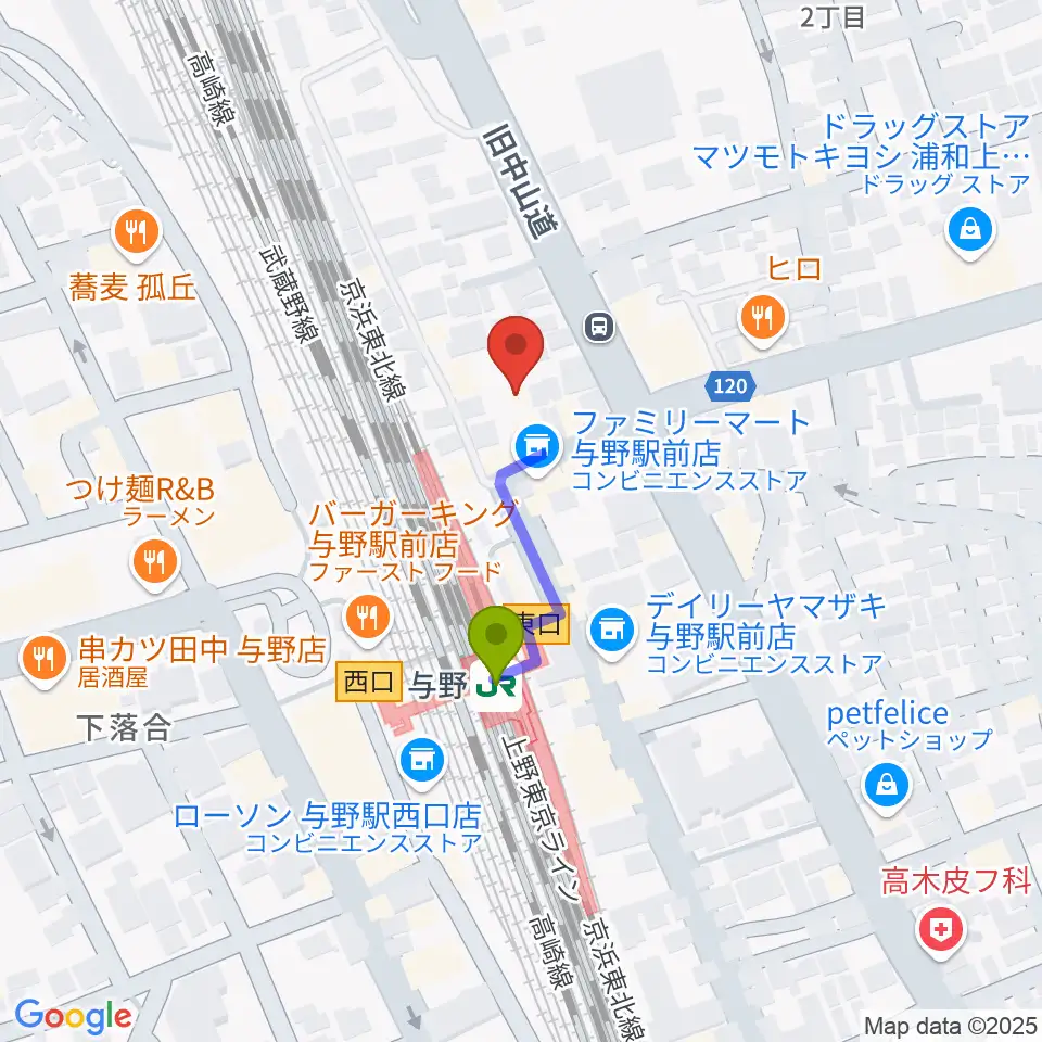 GalleryシャインEASTの最寄駅与野駅からの徒歩ルート（約2分）地図