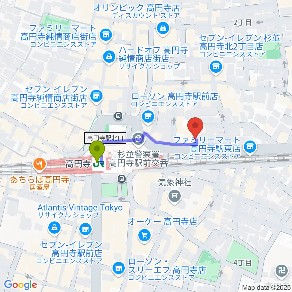 JIROKICHIの最寄駅高円寺駅からの徒歩ルート（約3分）地図