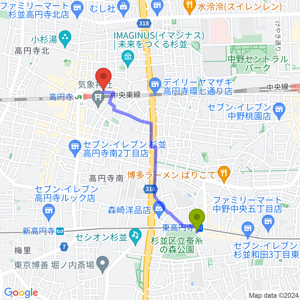 東高円寺駅からJIROKICHIへのルートマップ地図