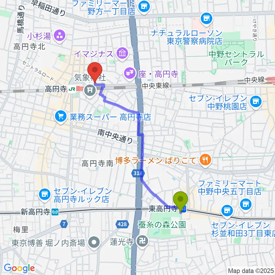 東高円寺駅からJIROKICHIへのルートマップ地図