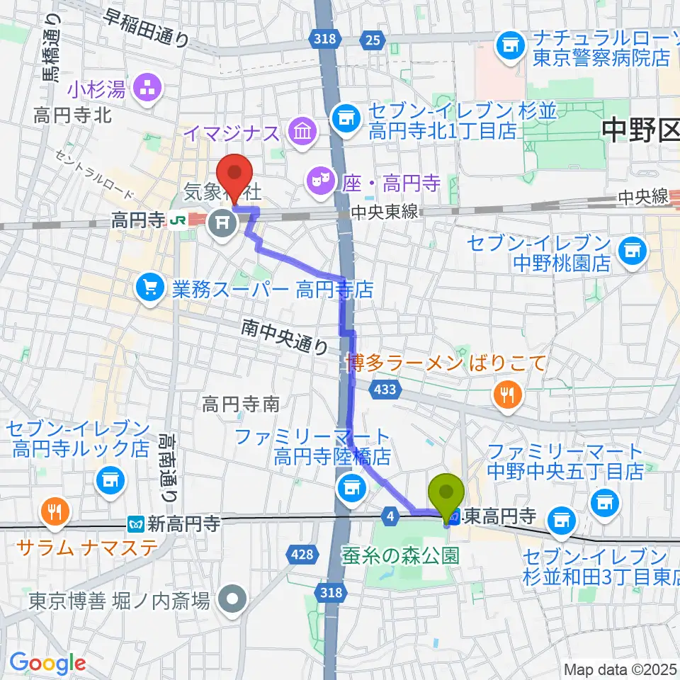 東高円寺駅からJIROKICHIへのルートマップ地図