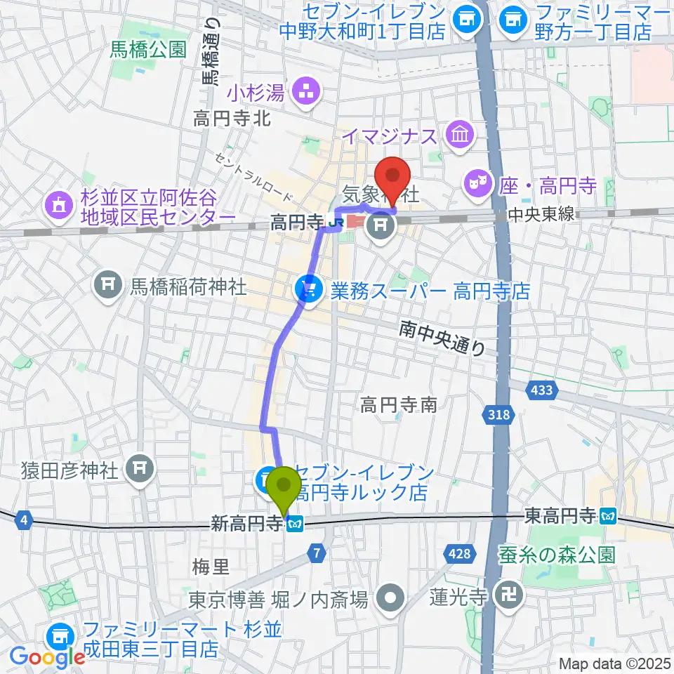 新高円寺駅からJIROKICHIへのルートマップ地図