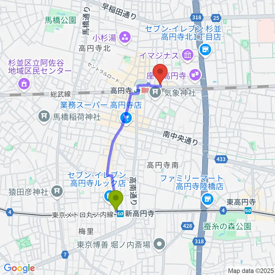 新高円寺駅からJIROKICHIへのルートマップ地図