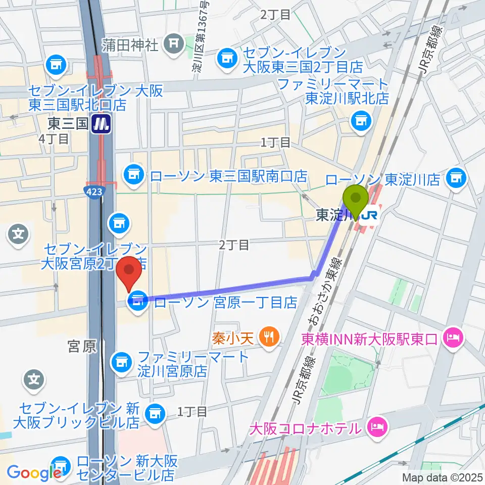 東淀川駅からビーテックジャパン大阪スタジオへのルートマップ地図