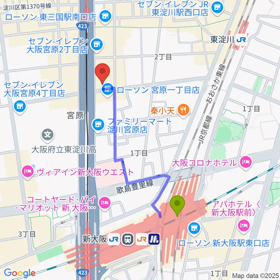 新大阪駅からビーテックジャパン大阪スタジオへのルートマップ地図