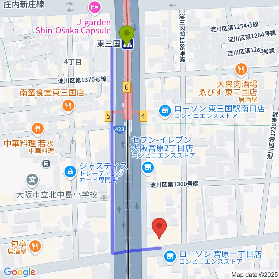 ビーテックジャパン大阪スタジオの最寄駅東三国駅からの徒歩ルート（約5分）地図