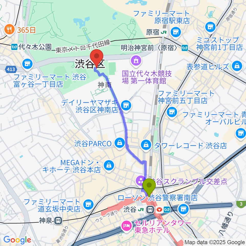 渋谷駅から代々木公園野外音楽堂へのルートマップ地図