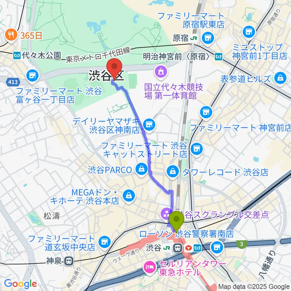 渋谷駅から代々木公園野外音楽堂へのルートマップ地図