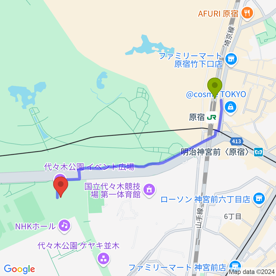 代々木公園野外音楽堂の最寄駅原宿駅からの徒歩ルート（約10分）地図