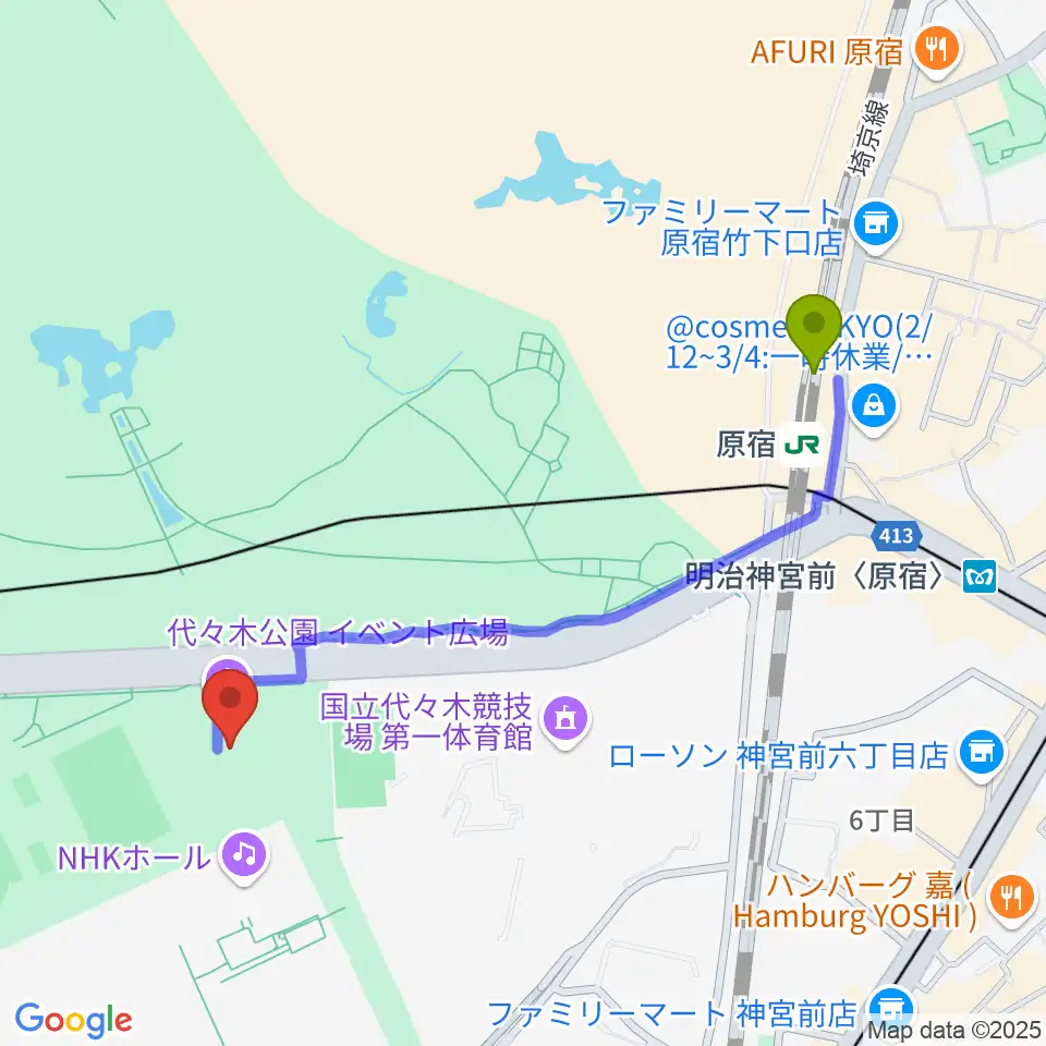 代々木公園野外音楽堂の最寄駅原宿駅からの徒歩ルート（約10分）地図