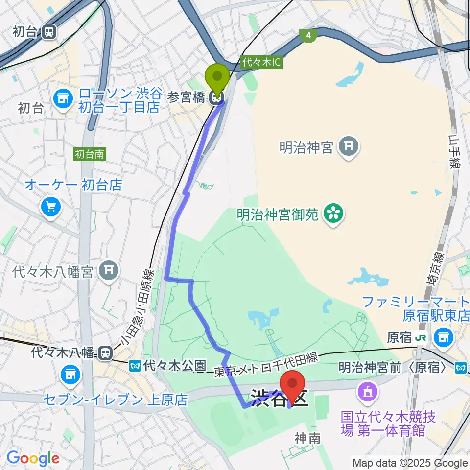 参宮橋駅から代々木公園野外音楽堂へのルートマップ地図