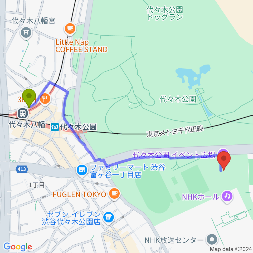 代々木八幡駅から代々木公園野外音楽堂へのルートマップ地図