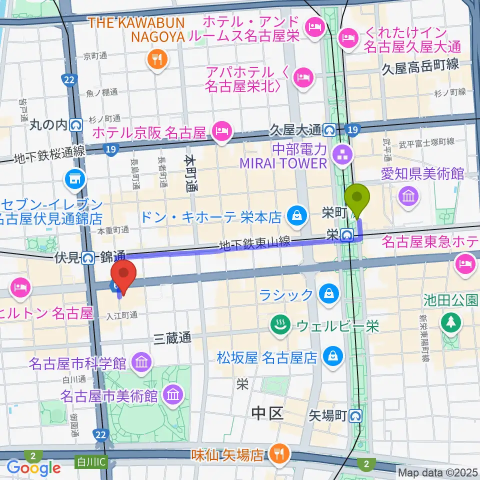 栄町駅からドルチェ楽器 名古屋店へのルートマップ地図