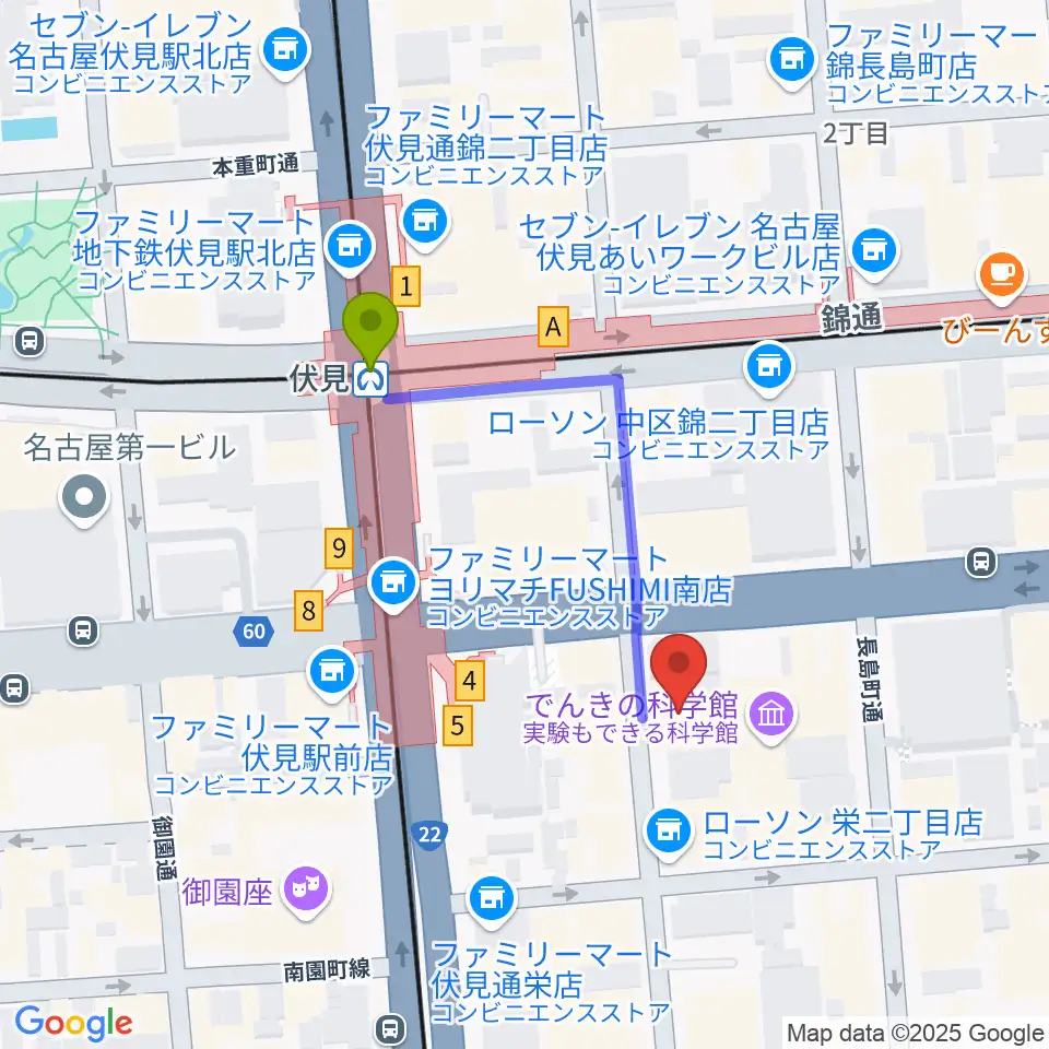 ドルチェ楽器 名古屋店の最寄駅伏見駅からの徒歩ルート（約3分）地図