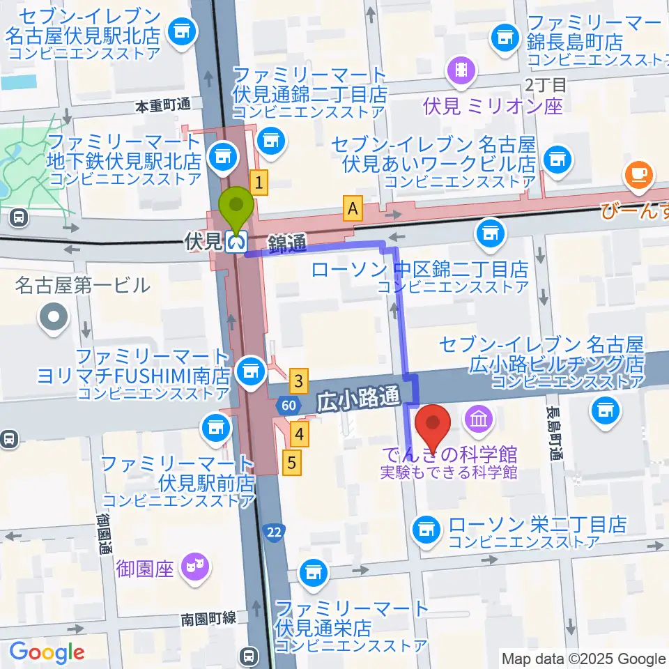 ドルチェ楽器 名古屋店の最寄駅伏見駅からの徒歩ルート（約3分）地図