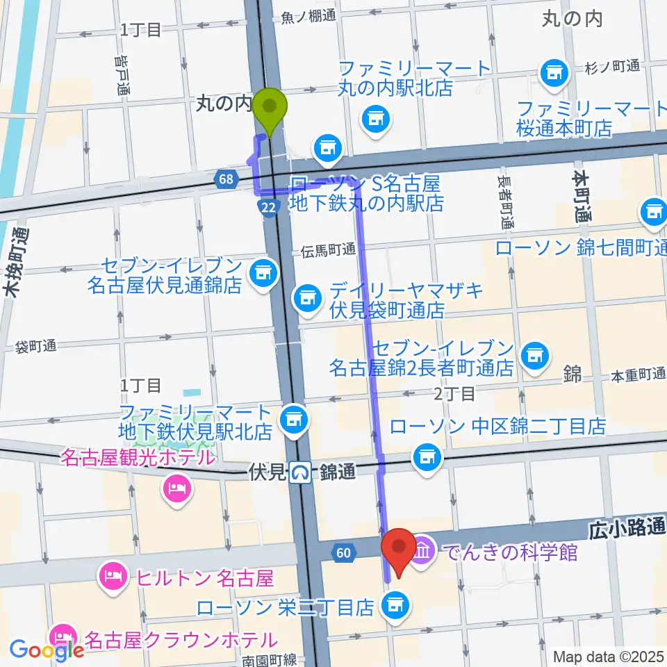 丸の内駅からドルチェ楽器 名古屋店へのルートマップ地図