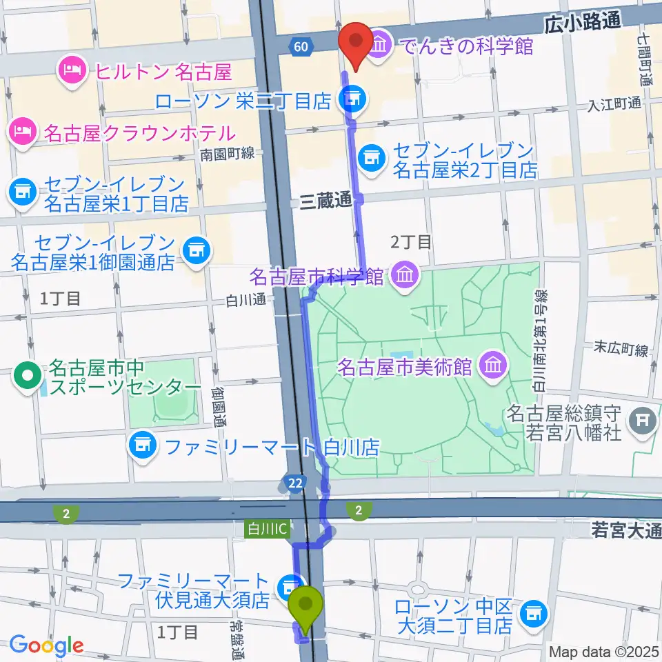 大須観音駅からドルチェ楽器 名古屋店へのルートマップ地図