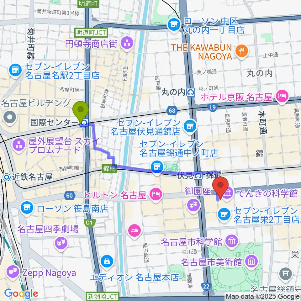 国際センター駅からドルチェ楽器 名古屋店へのルートマップ地図