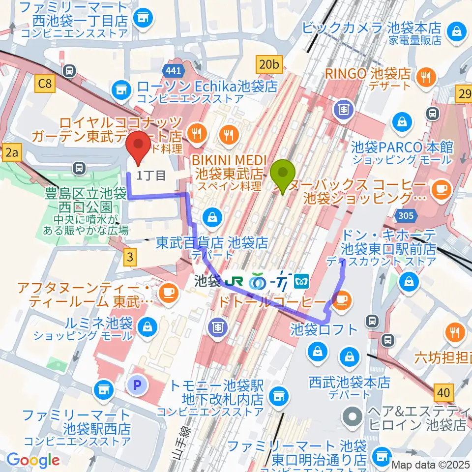 池袋Absolute Blueの最寄駅池袋駅からの徒歩ルート（約2分）地図