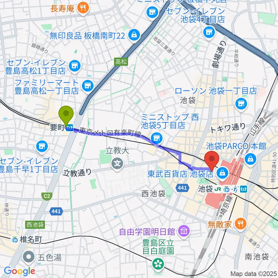 要町駅から池袋Absolute Blueへのルートマップ地図