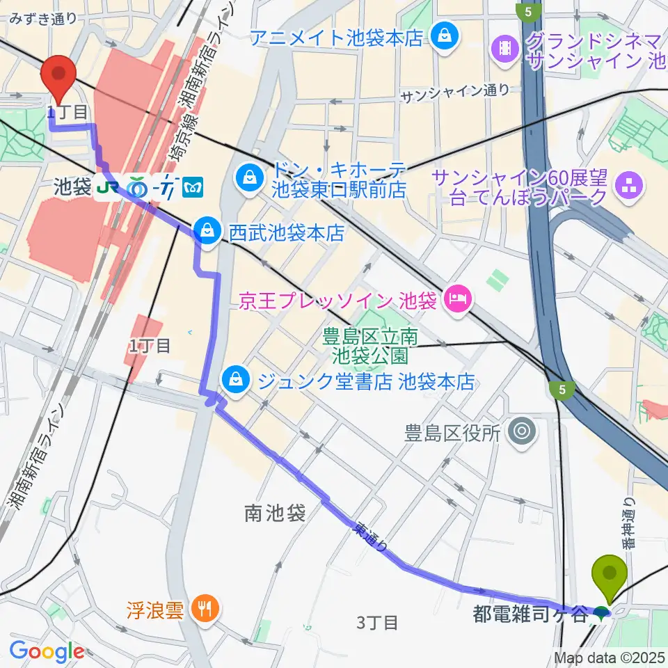 都電雑司ヶ谷駅から池袋Absolute Blueへのルートマップ地図