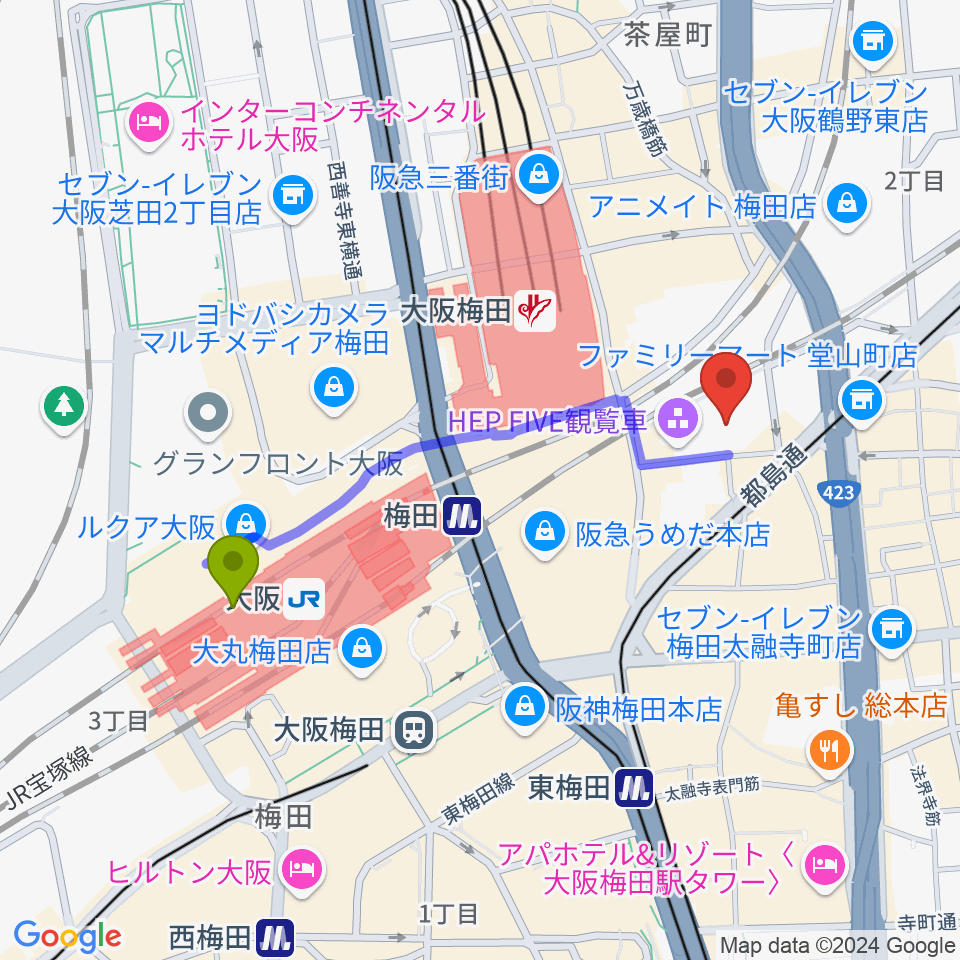 梅田HEP HALLの最寄駅大阪駅からの徒歩ルート（約9分）地図