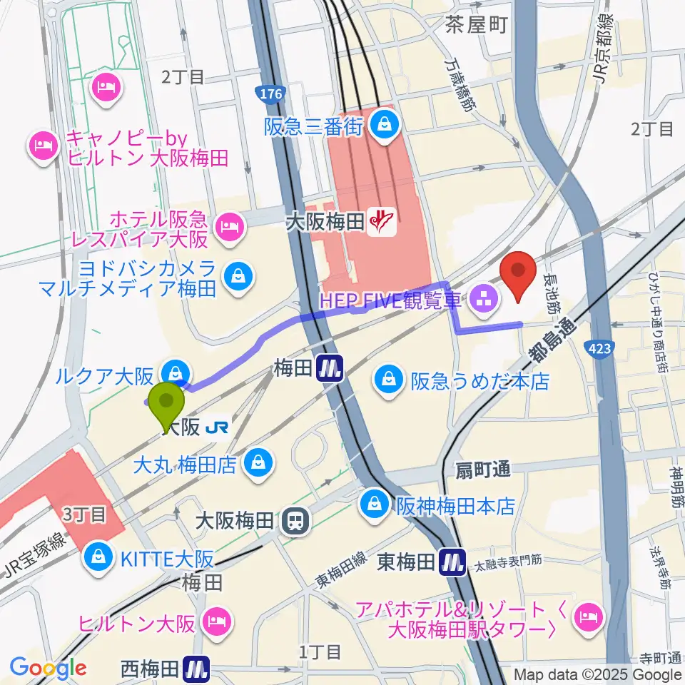 梅田HEP HALLの最寄駅大阪駅からの徒歩ルート（約9分）地図