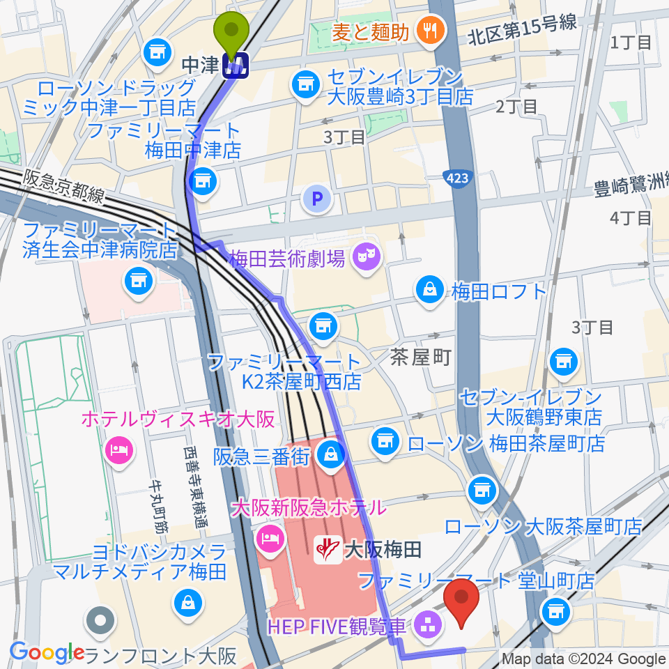 中津駅から梅田HEP HALLへのルートマップ地図