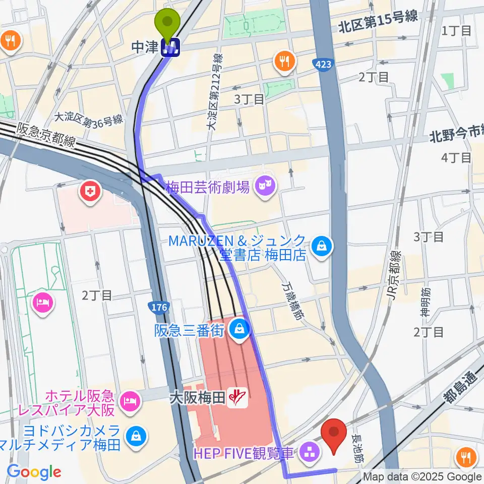 中津駅から梅田HEP HALLへのルートマップ地図