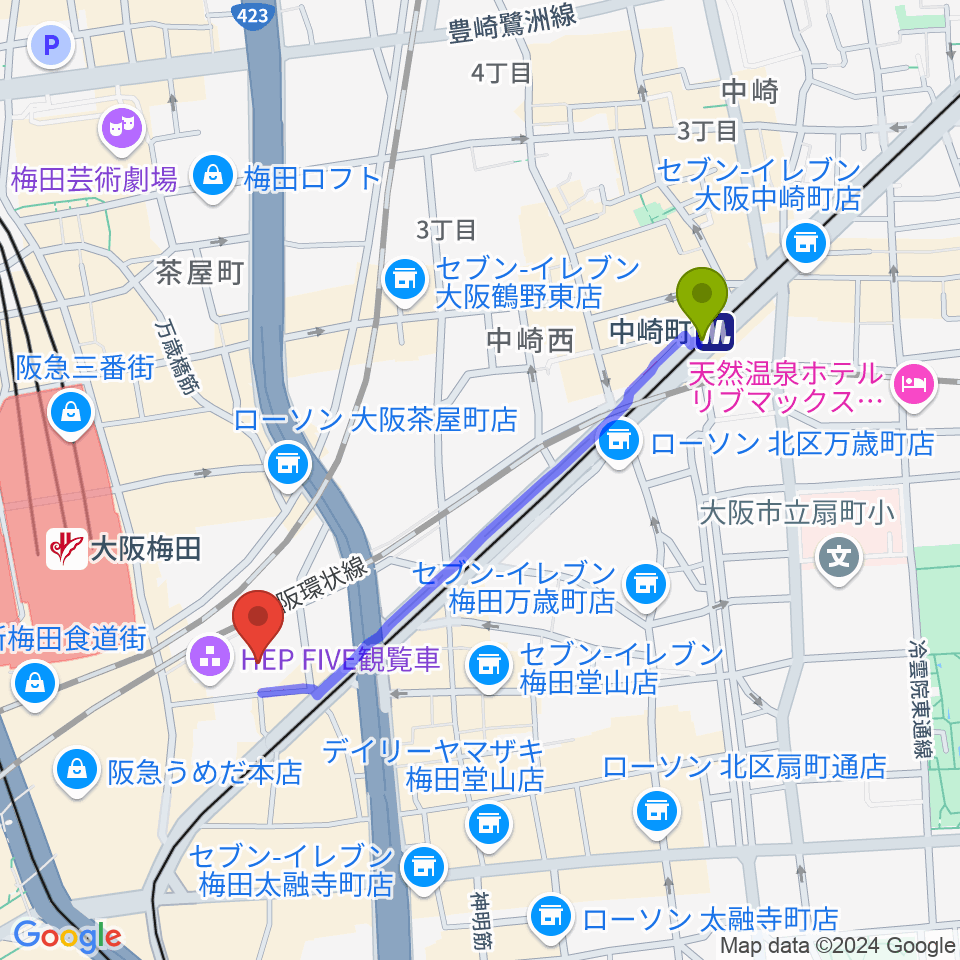 中崎町駅から梅田HEP HALLへのルートマップ地図