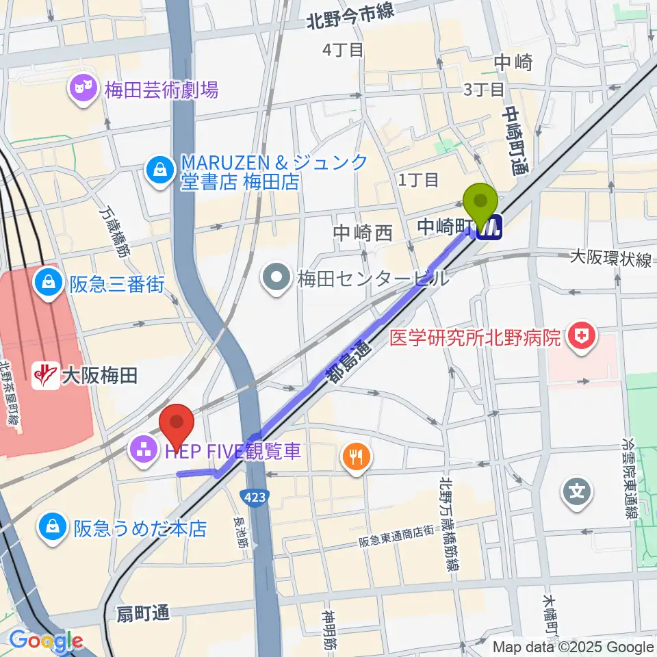 中崎町駅から梅田HEP HALLへのルートマップ地図