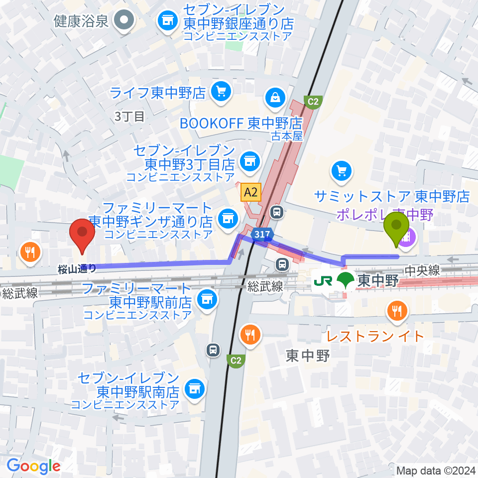 東中野カフェ・ド・リヨンの最寄駅東中野駅からの徒歩ルート（約5分）地図