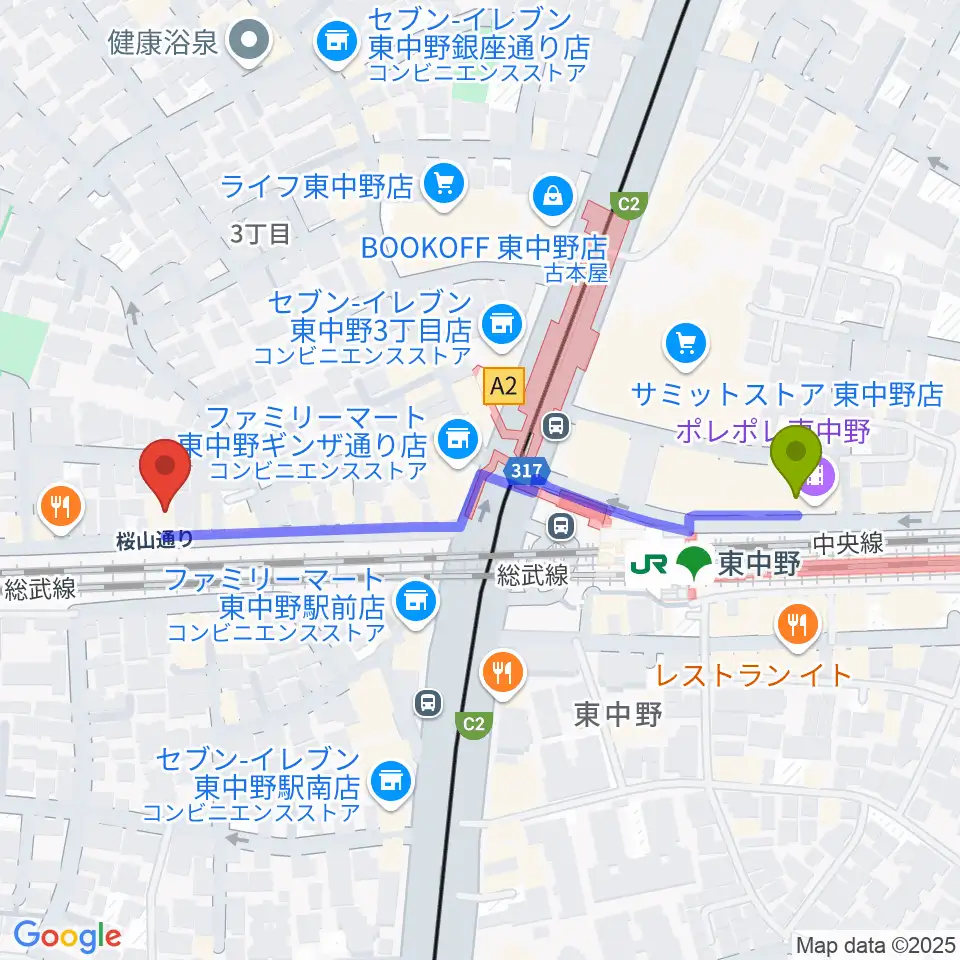 東中野カフェ・ド・リヨンの最寄駅東中野駅からの徒歩ルート（約5分）地図