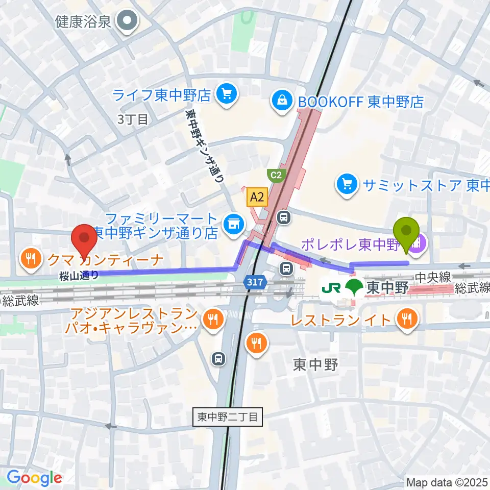 東中野カフェ・ド・リヨンの最寄駅東中野駅からの徒歩ルート（約5分）地図