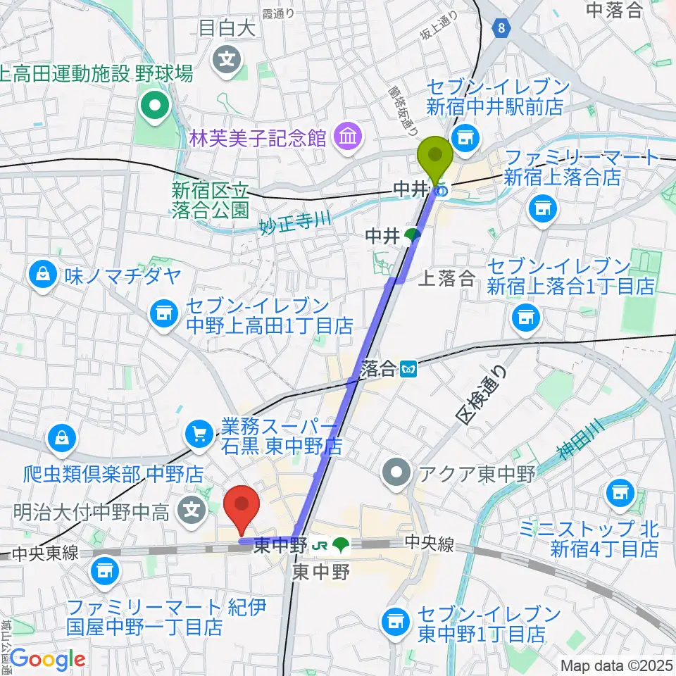 中井駅から東中野カフェ・ド・リヨンへのルートマップ地図
