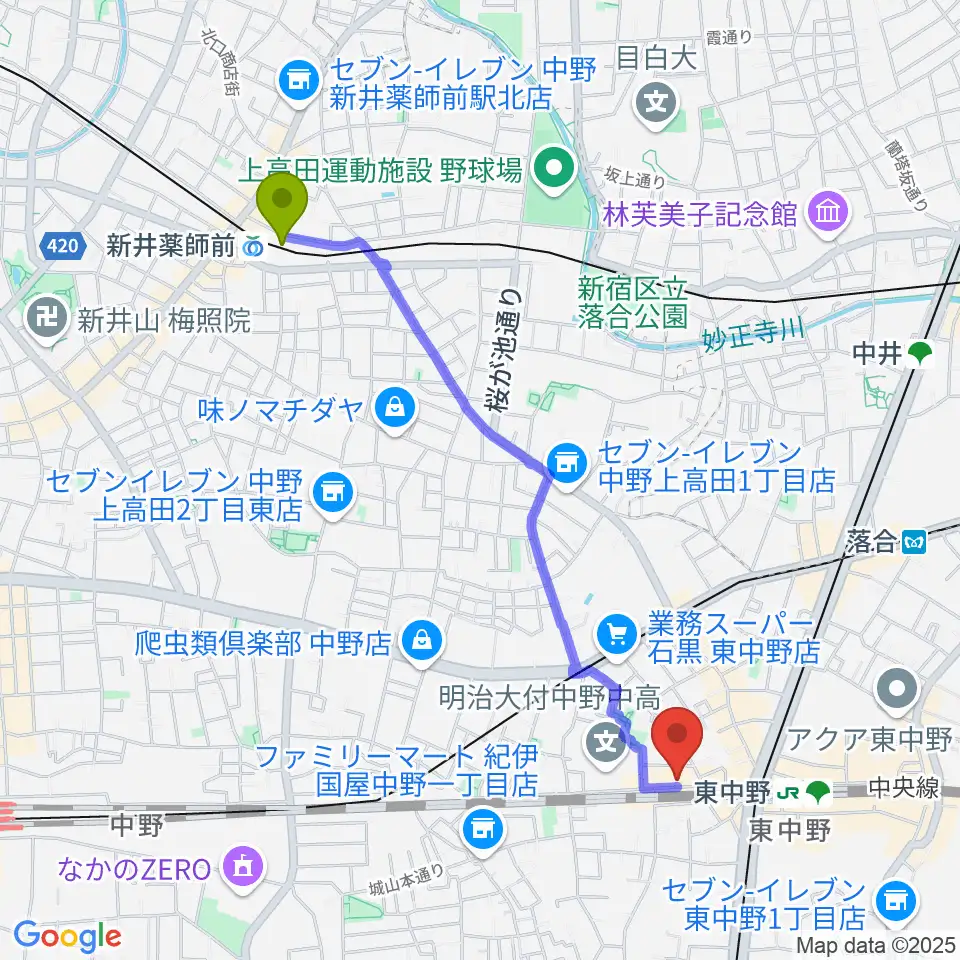 新井薬師前駅から東中野カフェ・ド・リヨンへのルートマップ地図