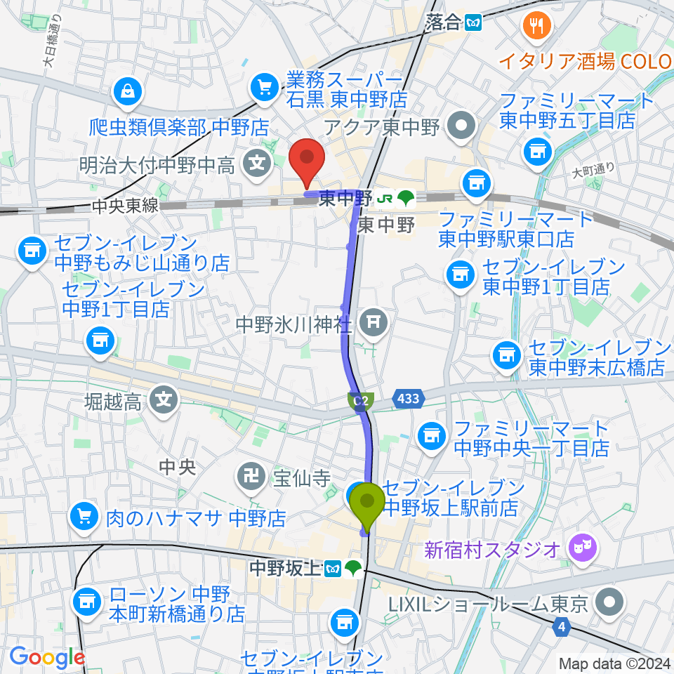 中野坂上駅から東中野カフェ・ド・リヨンへのルートマップ地図