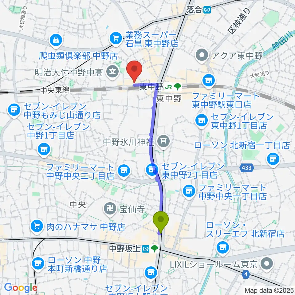 中野坂上駅から東中野カフェ・ド・リヨンへのルートマップ地図