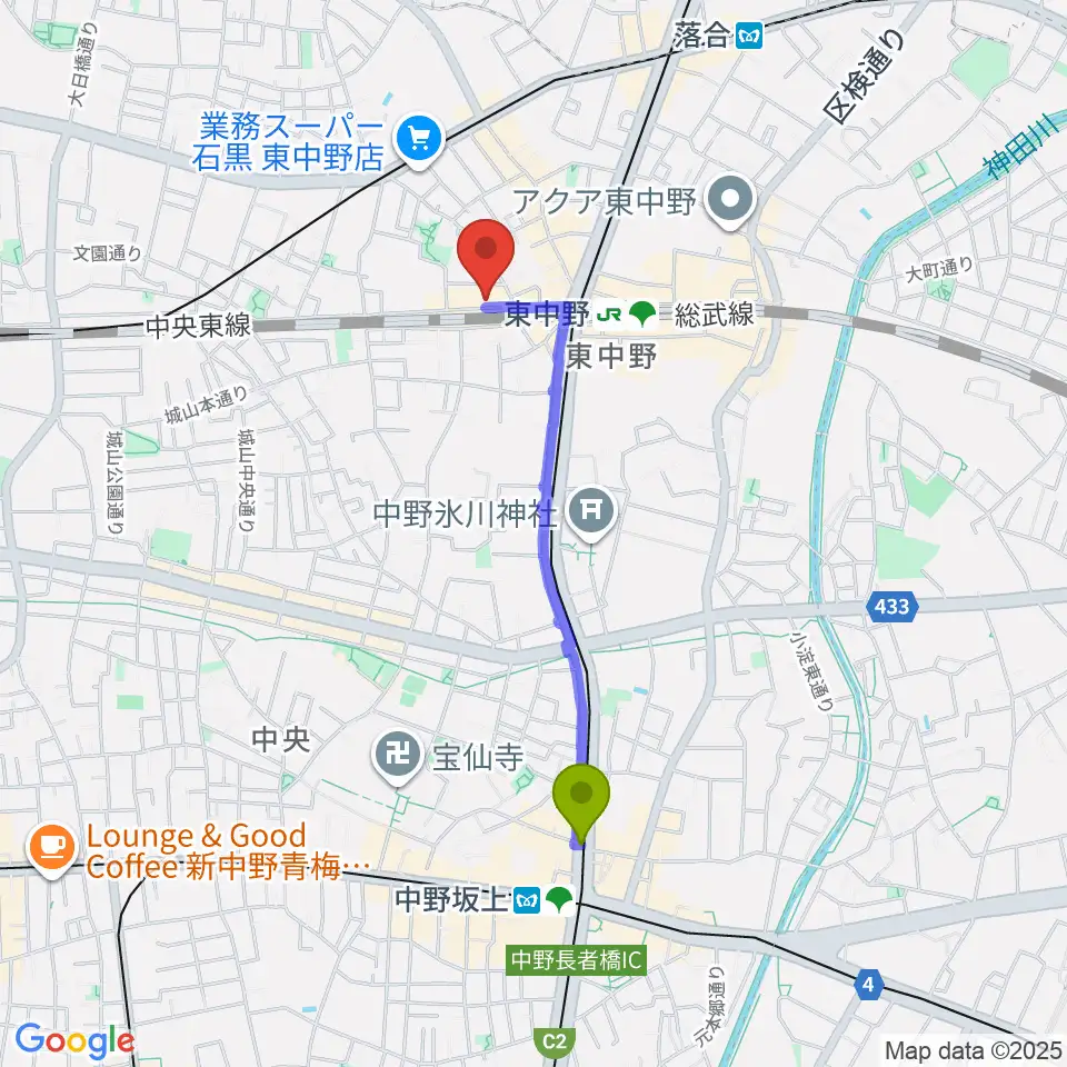 中野坂上駅から東中野カフェ・ド・リヨンへのルートマップ地図