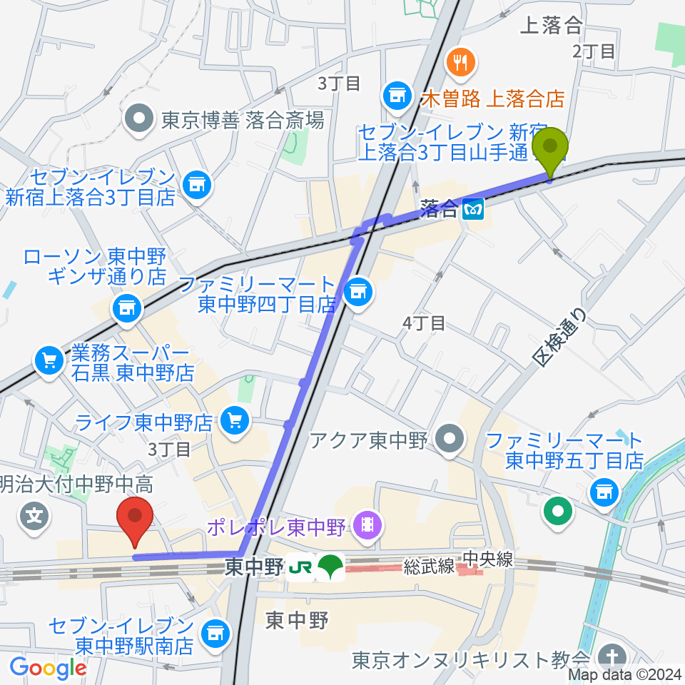 落合駅から東中野カフェ・ド・リヨンへのルートマップ地図